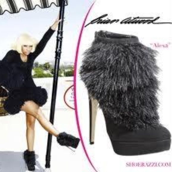 Brian Atwood ALEXA Ostrich Feather Suede Platform Ankle Bootie Boots Shoes - Picture 2 of 13